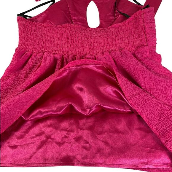 Bebe XS Hot Pink halter top bling rhinestone/ beads silk fabric ties @ neck - Picture 7 of 8
